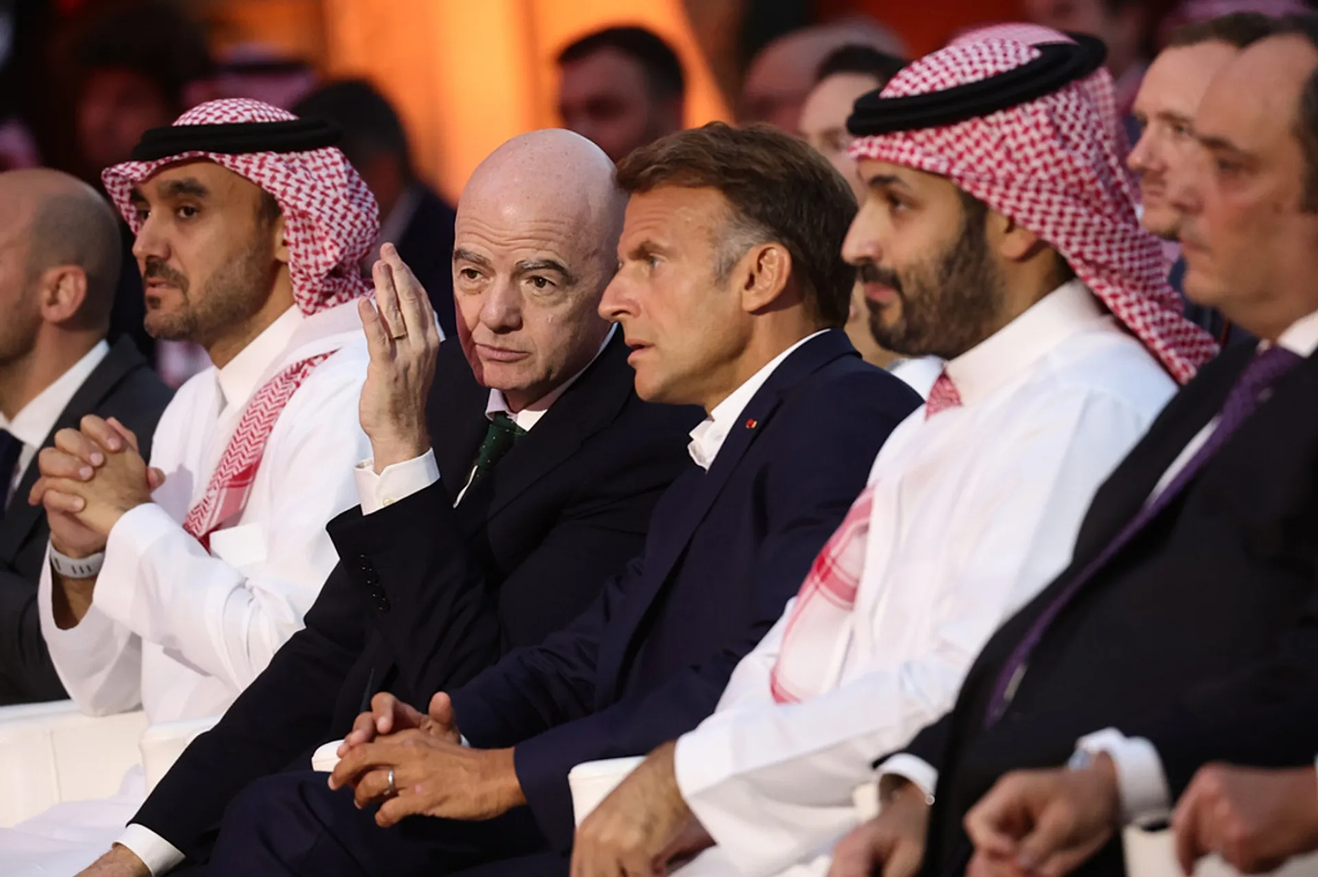 FIFA president Gianni Infantino, Emmanuel Macron and Mohammed bin Salman at the closing ceremony of the Esports World Cup in Paris, on 23 August 2026. 