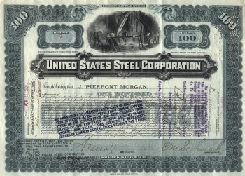 Одна из первых акций US Steel эммитированная JP Morgan Американская корпорация US Steel объявила о потерях около двух миллиардов долларов в оценке своих активов
